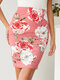 Flower Print High Waist Pencil Skirt For Women - Pink