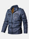 Mens Washed Vintage Multi-Pocket Zipper Lapel Winter Thicken PU Leather Jacket - Blue