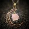 Vintage Metal Natural Stone Crystal Necklace Geometric Hollow Moon Pendant Necklace Sweater Chain - Pink