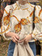 Chain Print Long Sleeve Shirred Half-collar Blouse For Women - White