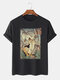 Mens Japanese Cat Landscape Graphic Crew Neck Short Sleeve T-Shirts - Black