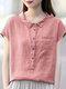 Solid Cotton Button Front Pocket Lapel Short Sleeve Blouse - Pink