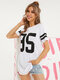 Number Print Crew Neck Striped Short Sleeves Long T-shirt - White