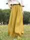 Women Solid Cotton Casual Wide Leg Pants With Pocket - Yellow