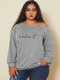 Letters Print Off Shoulder Long Sleeve Plus Size Casual T-shirt - Grey