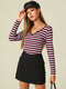 Stripe Print Ribbed Knit Long Sleeve V-neck Skinny T-shirt - Wine Red