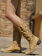 Large Size Women Butterfly Decor Pointed Toe Mid Calf Cowboy Boots - Khaki