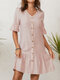 Dot Print V-neck Button Half Sleeve Dress for Women - Pink