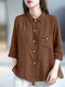 Solid Lapel 3/4 Length Sleeve Button Pocket Vintage Blouse - Coffee