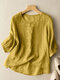 Women Floral Embroidered Crew Neck Cotton 3/4 Sleeve Blouse - Yellow
