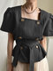 Solid Belt Double Breasted Square Collar Puff Sleeve Blouse - Black