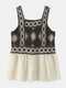 Women Summer Holiday Hollow Patchwork Sleeveless Square Collar Tank Top - Coffee