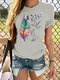 Feather Dragonfly Print Short Sleeve Casual T-shirt For Women - Grey