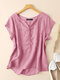 Women Lace Splice Notched Neck Casual Short Sleeve Blouse - Pink