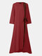 Women Contrast Color Patchwork Knotted V-neck Casual Vintage Dress - Rust