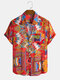 Mens Colorful Geometric Print Ethnic Style Short Sleeve Shirts - Red