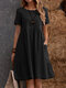Solid Short Sleeve Pocket Crew Neck Vintage Dress - Black