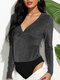 Solid Color V-neck Long Sleeve Slim Sexy Pleated Bodysuit For Women - Black