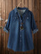 Floral Patched Washed Denim Long Sleeve Shirt Button Front Jacket - Blue
