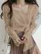 Solid Twist Square Callor Long Sleeve Blouse For Women - Khaki
