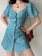 Allover Floral Print Button Front Short Sleeve Dress - Blue