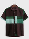 Mens Color Block Patchwork Lapel Casual Short Sleeve Shirts - Wine Red