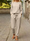 Solid Long Sleeve Pocket Knotted Two Pieces Suit - Khaki