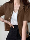 Solid Button Front Lapel Short Sleeve Casual Blazer - Coffee