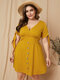 Solid Color Button Knotted Plus Size Casual Midi Dress - Yellow