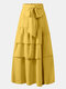 Solid Color Knotted Pleated Ruffle Long Casual Skirt for Women - Yellow