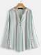 Striped V-neck Long Sleeve Button Casual Blouse - Green