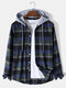 Mens Plaid Button Front Casual Long Sleeve Contrast Hooded Shirts - Blue