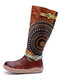 Socofy Bohemia Tribal Pattern Leather Side Zipper Soft Comfortable Lightweight Knee High Boots - Brown