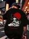 Herren-T-Shirts mit japanischem Wellen-Rückendruck, Rundhalsausschnitt und kurzen Ärmeln - Schwarz