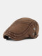 Men Cotton Solid Color Patchwork Embroidery Thread Adjustable Casual Beret Flat Cap - Coffee