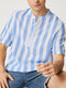 Mens Striped Half Button Casual Short Sleeve Henley Shirt - Blue