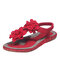 Plus Size Women Holiday Beach Flowers Soft Sole Clip Toe Elastic Band Flat Sandals - Red