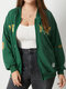 Plus Size Letter Pocket Zip Front Hooded Jacket - Green