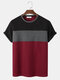 Mens Color Block Patchwork Crew Neck Knitted Preppy Short Sleeve T-Shirts - Wine Red