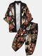 Mens Crane Flower Print Japanese  Style Open Front Kimono & Pants Co-ords - Black