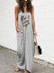 Letter Printed Spaghetti Straps Maxi Dress With Pocket - Grey