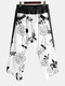 Mens Ethnic Style Floral Printed Patchwork Wide-Leg Harem Pants - Black