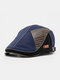 Collrown Men PU Knitted Irregular Patchwork Letter Leather Label Stitching Casual Warmth Beret Flat Cap - Navy