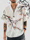 Mens Chinese Cherry Blossoms Print V-Neck Short Sleeve T-Shirts - White