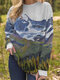 Landscape Print Fleece O-neck Long Sleeve Plus Size Blouse - Blue