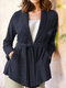 Women Solid Color Knotted Pocket Lapel Collar Long Sleeve Coat - Navy