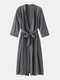 Women Solid Color Plain V-Neck 3/4 Sleeve Robes Sleepwear With Belt - Dark Grey