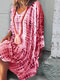 Tie-dyed Print Long Sleeve V-neck Loose Casual Dress For Women - Wine Red