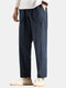Mens Cotton Linen Loose Comfortable Elastic Waist Solid Color Patchwork Pants - Navy Blue