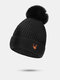 Women Knitted Solid Color Cartoon Elk Embroidered Fur Ball Decoration Plus Velvet Warmth Beanie Hat - Black